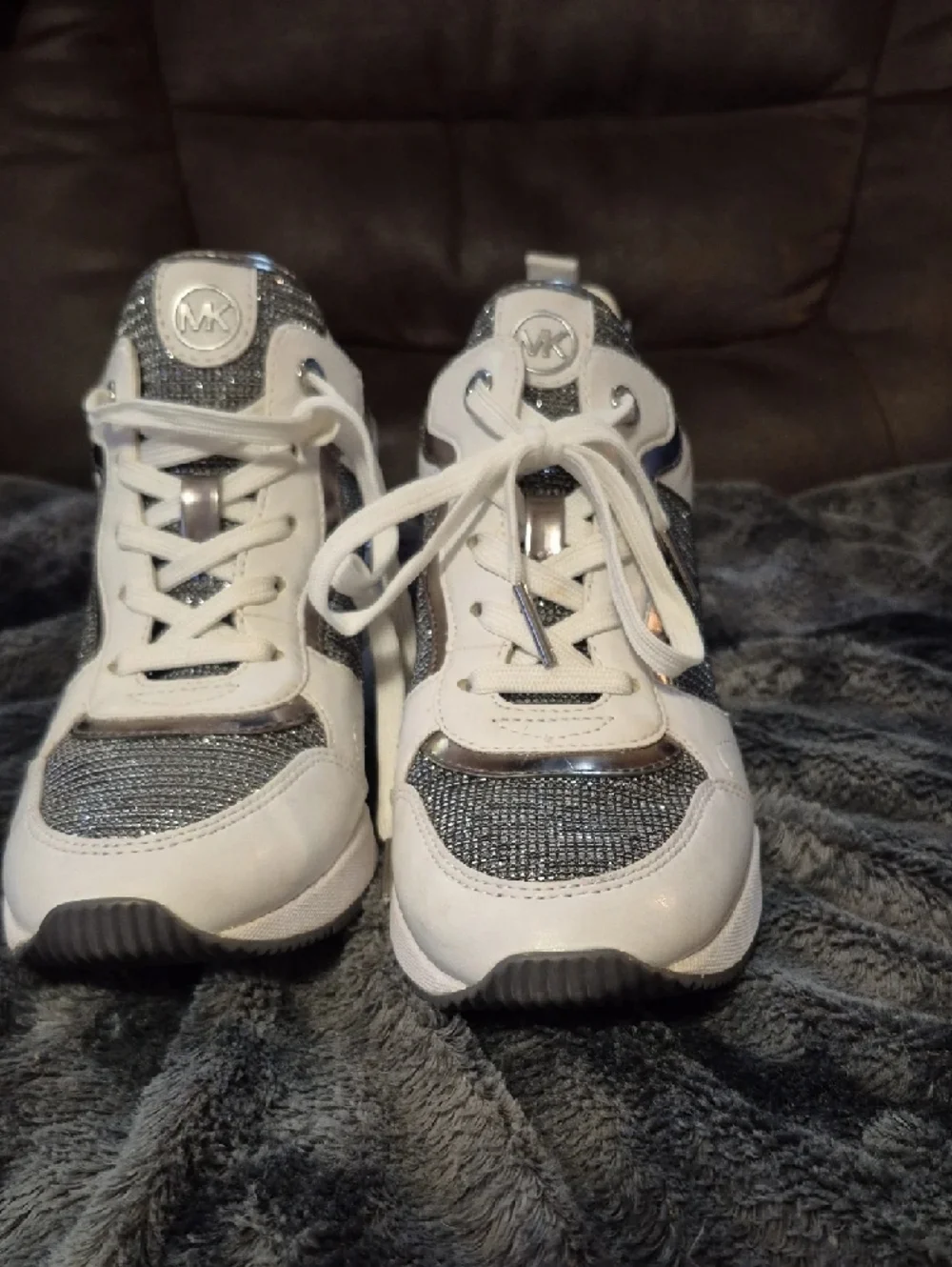 Michael Kors White and Silver Glitter Platform Lace-Up Sneakers
